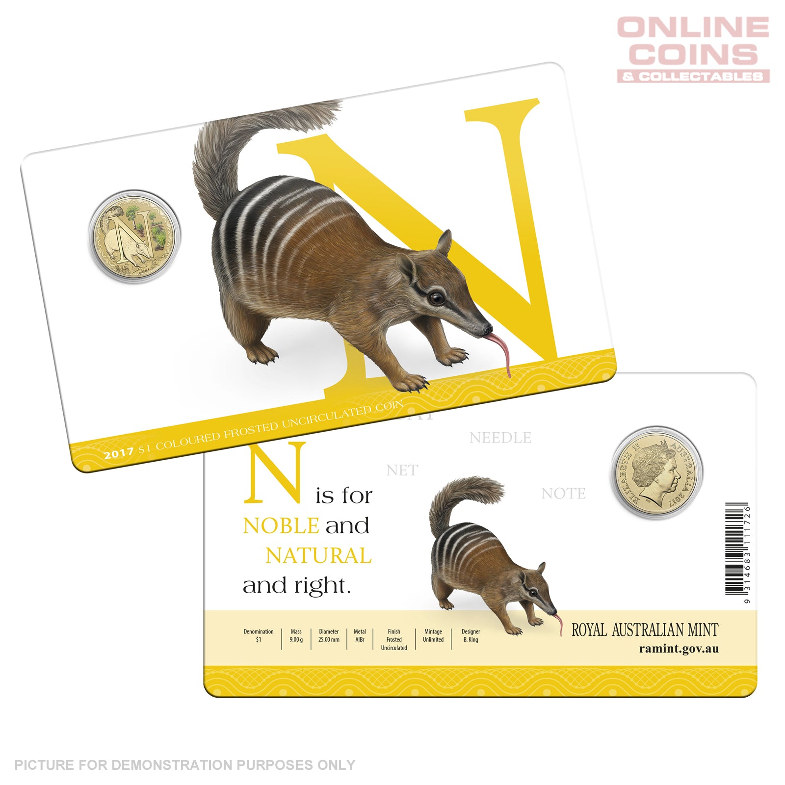 2017 $1 Coloured Alphabet Frosted Coin In Card - N For Numbat